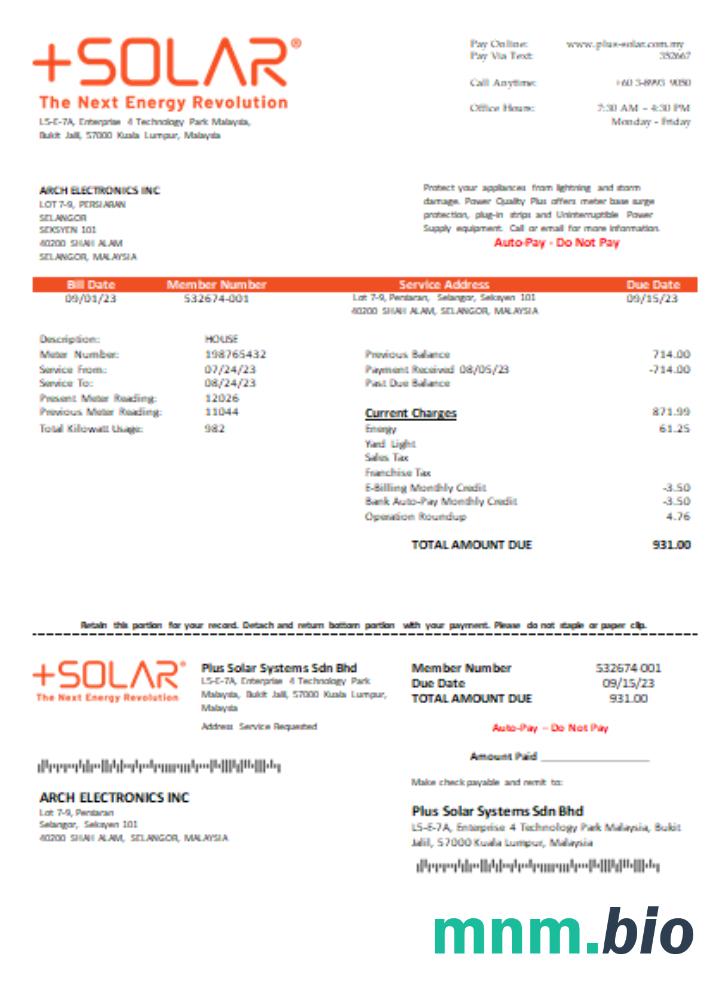 Plus Solar Systems Sdn Bhd rachunek za usługi komunalne